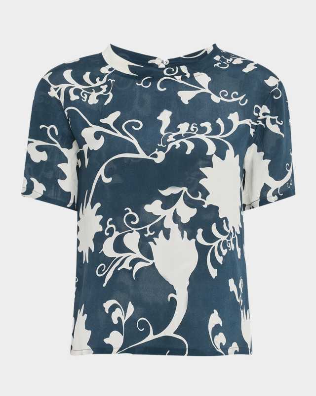 Gabrielle Floral-Print Silk Short-Sleeve Blouse